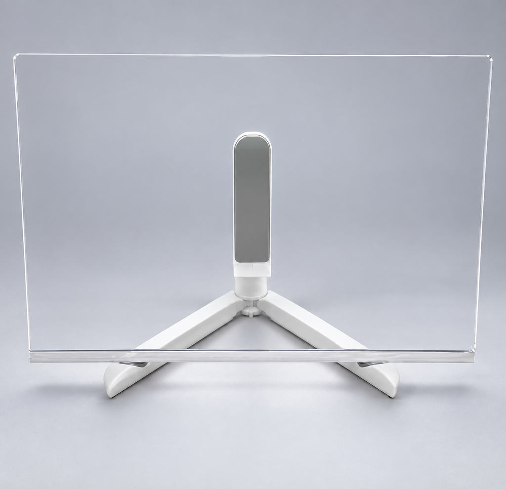 Pizarra acrílica transparente con soporte blanco