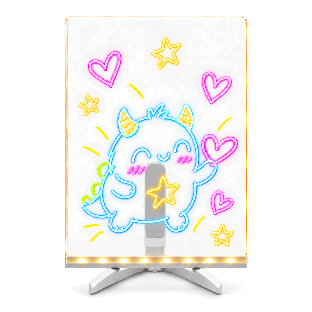 Pizarra LED transparente en vertical con dibujo brillante